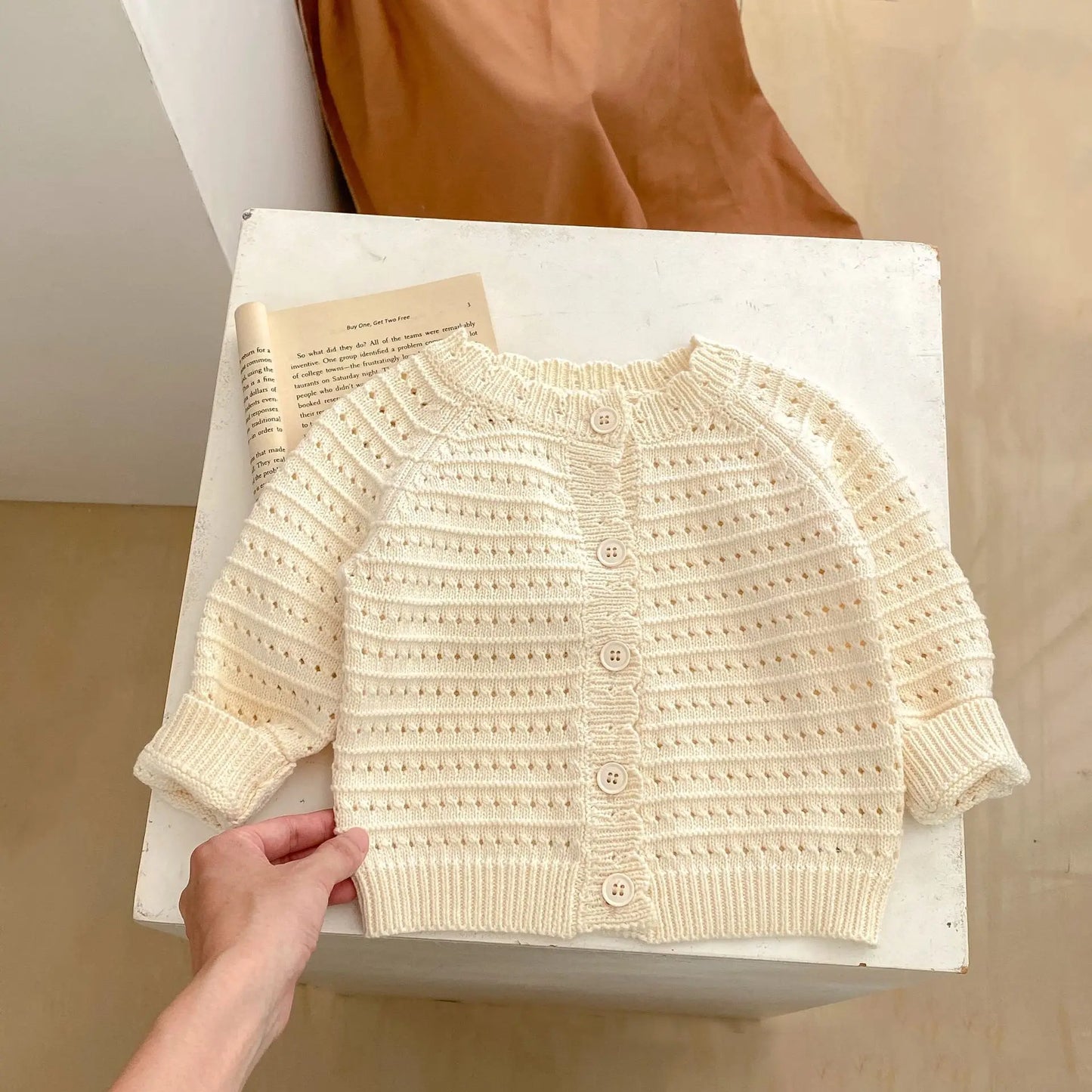 Spring and Autumn Clothing Net Red Baby Children's Boys and Girls' Cotton Hollow Knitted Coat+Knitted Pants 2-piece Set