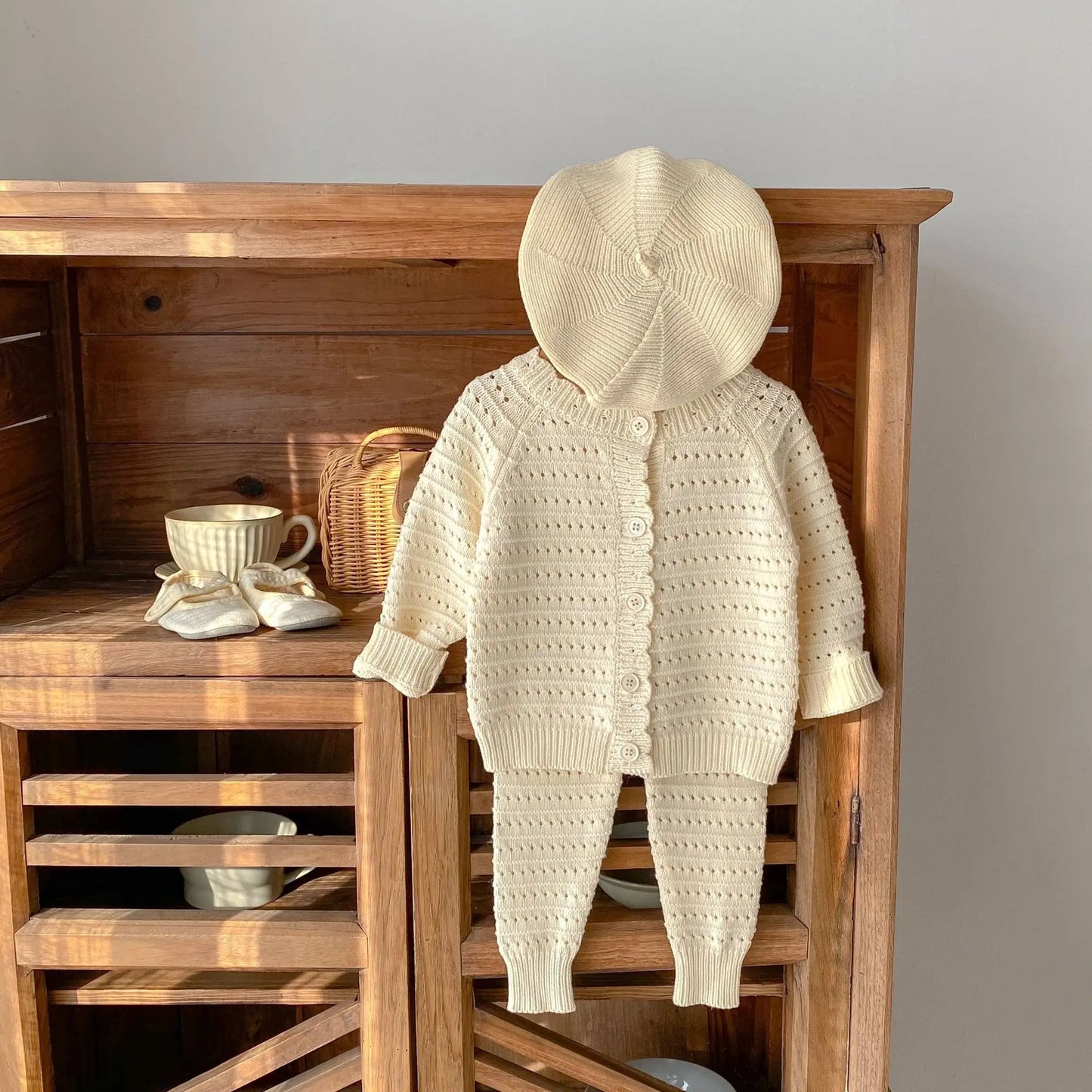 Spring and Autumn Clothing Net Red Baby Children's Boys and Girls' Cotton Hollow Knitted Coat+Knitted Pants 2-piece Set