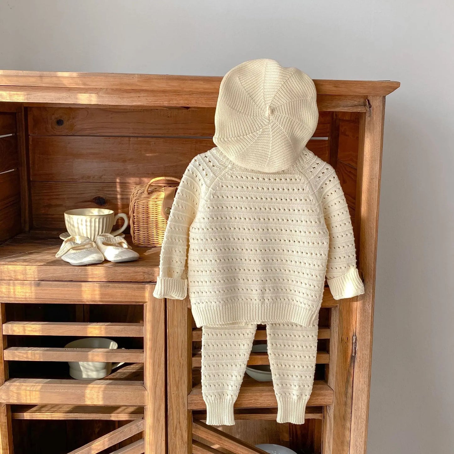 Spring and Autumn Clothing Net Red Baby Children's Boys and Girls' Cotton Hollow Knitted Coat+Knitted Pants 2-piece Set