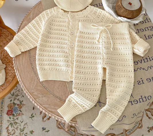 Spring and Autumn Clothing Net Red Baby Children's Boys and Girls' Cotton Hollow Knitted Coat+Knitted Pants 2-piece Set