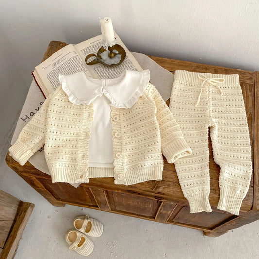 Spring and Autumn Clothing Net Red Baby Children's Boys and Girls' Cotton Hollow Knitted Coat+Knitted Pants 2-piece Set